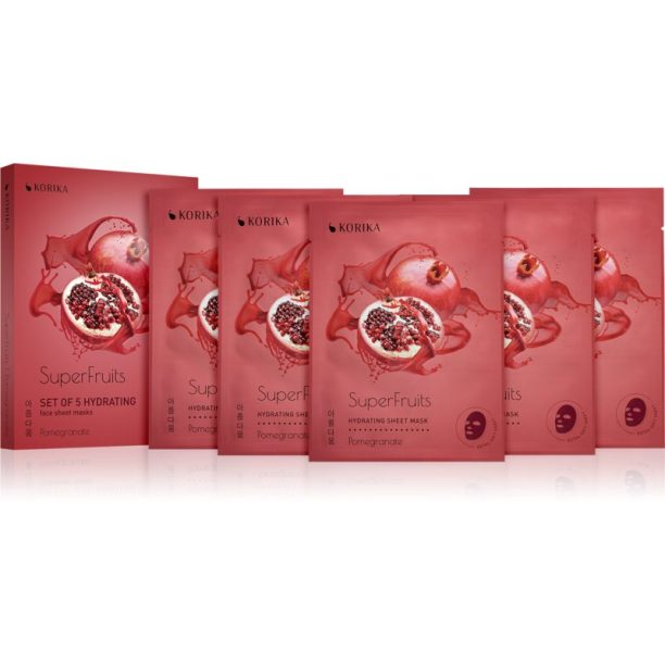 KORIKA SuperFruits Pomegranate - Set of 5 Hydrating Face Sheet Masks комплект маски за лице на намалена цена Pomegranate (с хидратиращ ефект) на ниска цена