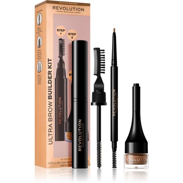 Ultra Brow Builder Makeup Revolution Ultra Brow Builder комплект за вежди цвят Medium Brown 3 бр.