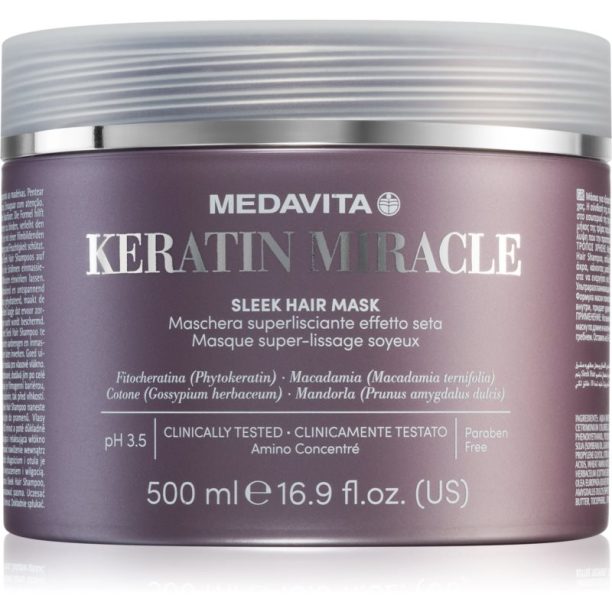 Medavita Keratin Miracle Sleek Hair Mask овлажняваща и изглаждаща маска 500 мл.