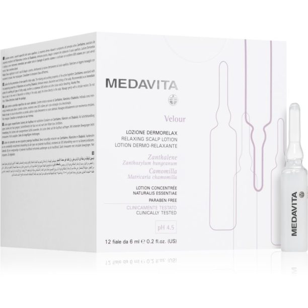 Medavita Velour Relaxing Scalp Lotion релаксираща грижа за чувствителна кожа на скалпа 12x6 мл.