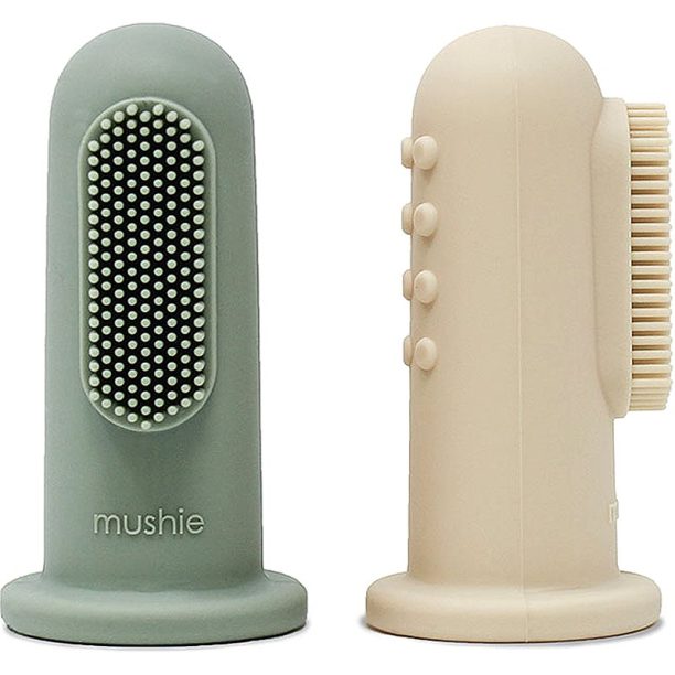 Mushie Finger Toothbrush детска четка за зъби за върху пръст Shifting Sand/Cambridge Blue 2 бр.