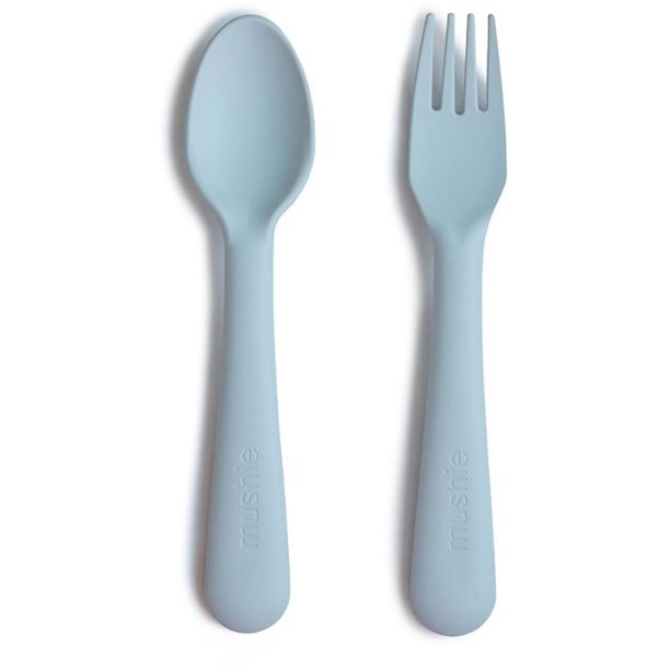 Mushie Fork and Spoon Set прибор Powder Blue 2 бр. на ниска цена