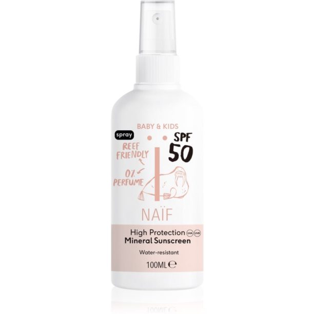 Naif Baby & Kids Mineral Sunscreen SPF 50 слънцезащитен спрей без парфюм за деца от раждането им 0 % perfume 100 мл. на ниска цена