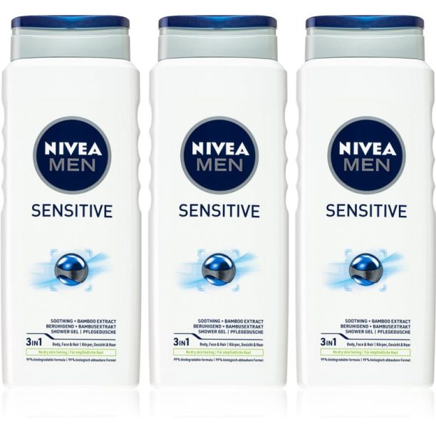 Nivea Men Sensitive душ-гел за мъже 3 x 500 ml (изгодна опаковка)