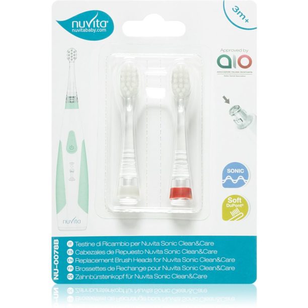 Nuvita Sonic Clean&Care Replacement Brush Heads резервни накрайници за сонична четка за зъби с батерии за бебета Sonic Clean&Care Medium 12m+ 2 бр.