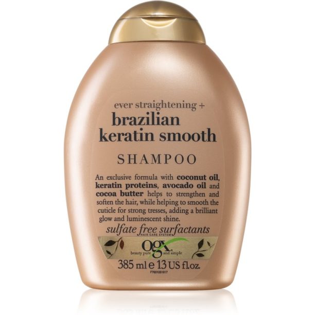 OGX Brazilian Keratin Smooth изглаждащ шампоан за блясък и мекота на косата 385 мл.