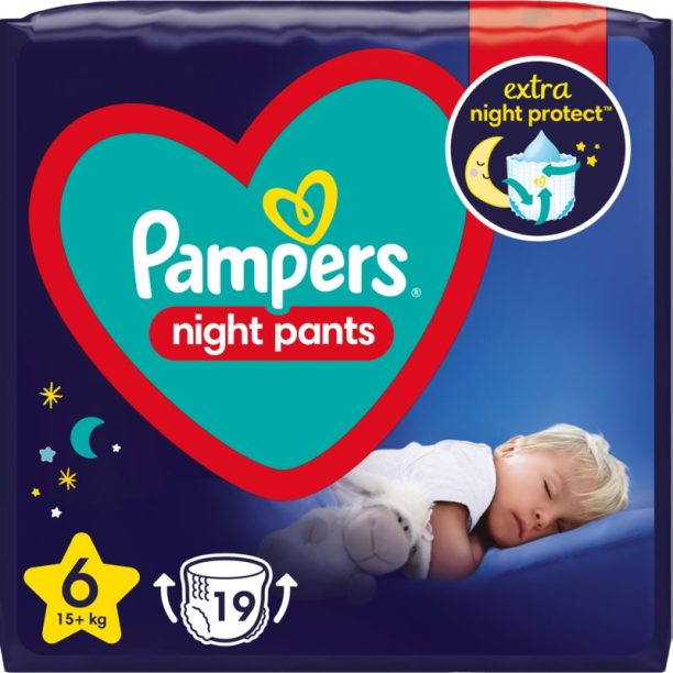 Pampers Night Pants Size 6 еднократни пелени гащички за нощ 15+ kg 19 бр.