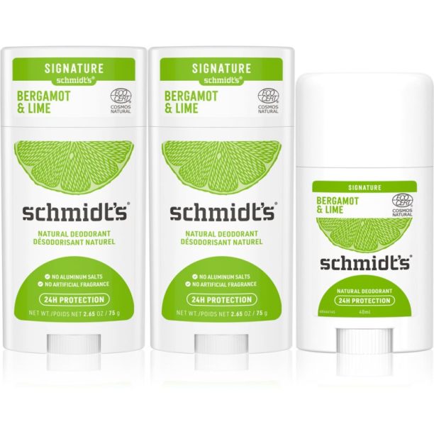 Schmidt's Bergamot + Lime дезодорант стик 2x 75 g + 1x 40 g (изгодна опаковка)