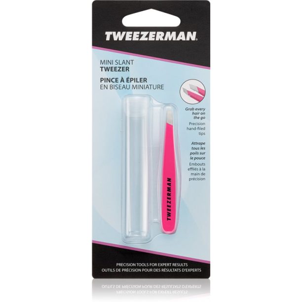 Tweezerman Mini Slant пинсета със скосен връх мини с калъфка за пътуване Neon Pink 1 бр.