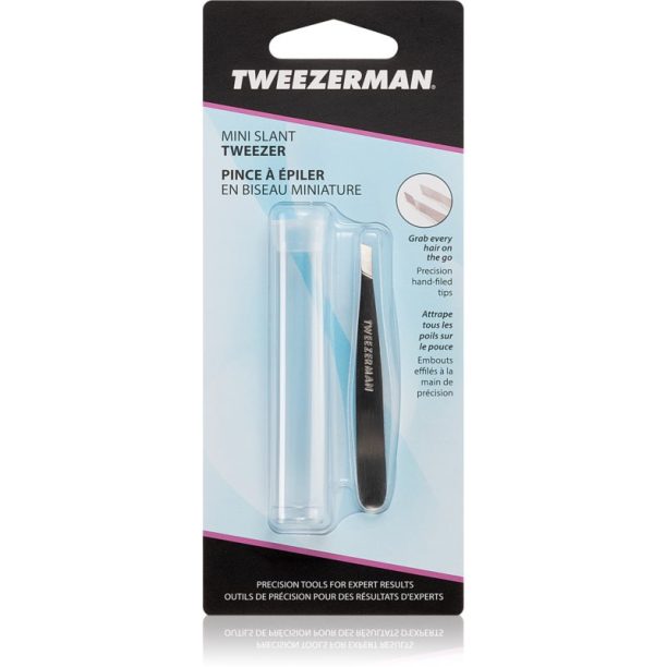 Tweezerman Mini Slant пинсета със скосен връх мини с калъфка за пътуване Stainless 1 бр.