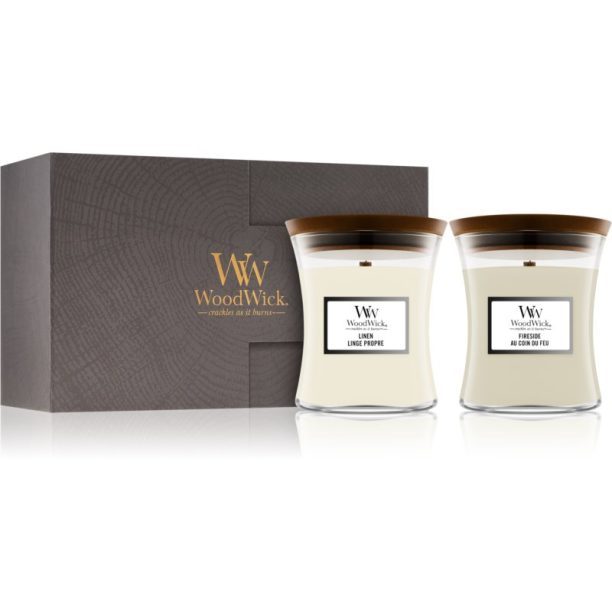 Woodwick Fireside & Linen подаръчен комплект (gift box) с дървен фитил