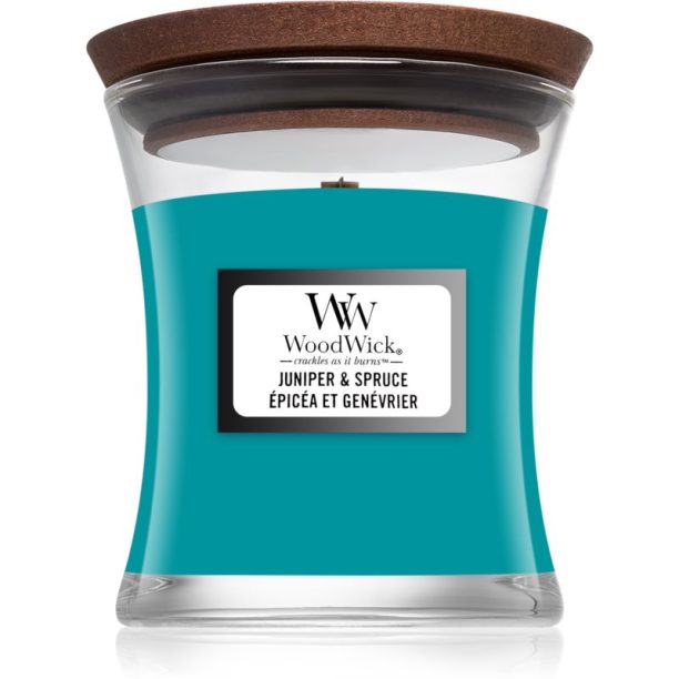 Woodwick Juniper & Spruce ароматна свещ с дървен фитил 85 гр.