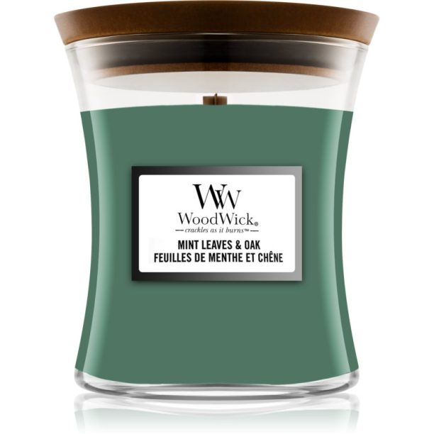 Woodwick Mint Leaves & Oak ароматна свещ с дървен фитил 275 гр.