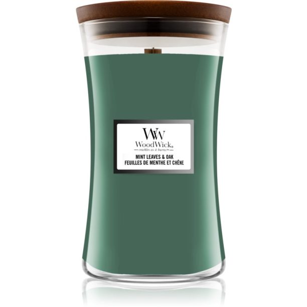 Woodwick Mint Leaves & Oak ароматна свещ с дървен фитил 609