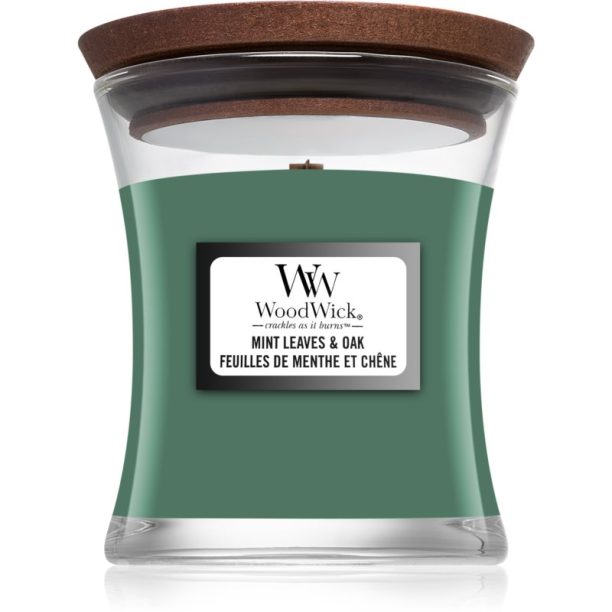 Woodwick Mint Leaves & Oak ароматна свещ с дървен фитил 85 гр.