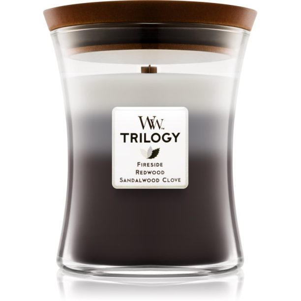 Woodwick Trilogy Warm Woods ароматна свещ с дървен фитил 275 гр.