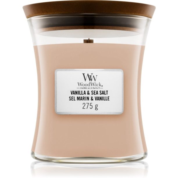 Woodwick Vanilla & Sea Salt ароматна свещ  с дървен фитил 275 гр.