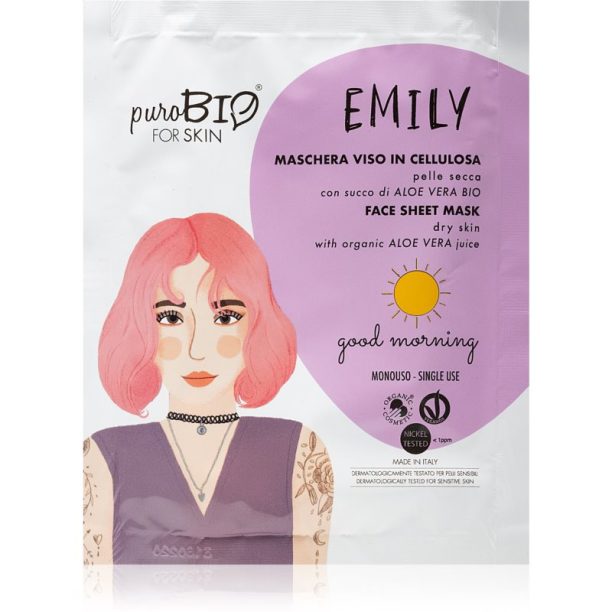 puroBIO Cosmetics Emily Good Morning платнена маска за лице с хидратиращ и успокояващ ефект с алое вера 15 мл.