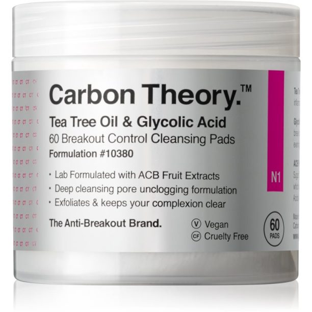 Carbon Theory Tea Tree Oil & Glycolic Acid почистващи тампони за освежаване и изглаждане на кожата 60 бр. на ниска цена