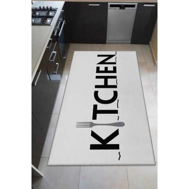 Килим Kitchen  За кухня - Полиестер - Дигитален печат - Неплъзгащ се - Бял/Черен Oyo home