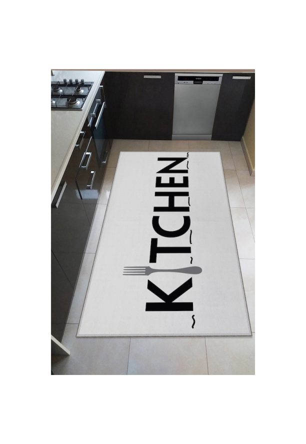 Килим Kitchen  За кухня - Полиестер - Дигитален печат - Неплъзгащ се - Бял/Черен Oyo home