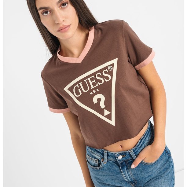 Къса памучна тениска с лого Guess