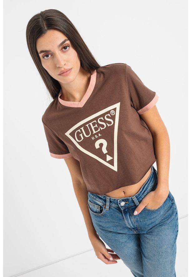 Къса памучна тениска с лого Guess