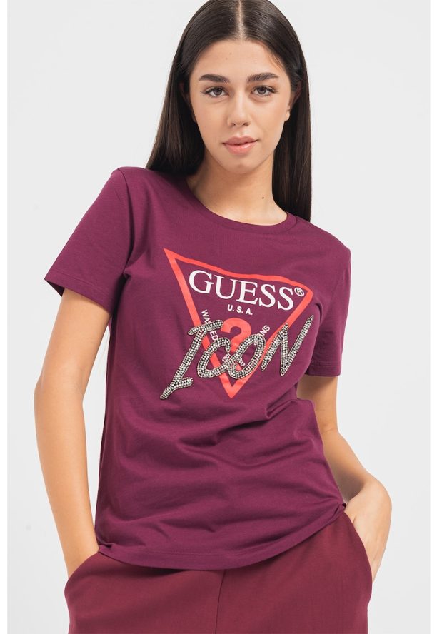 Тениска с лога и декоративни камъни GUESS JEANS