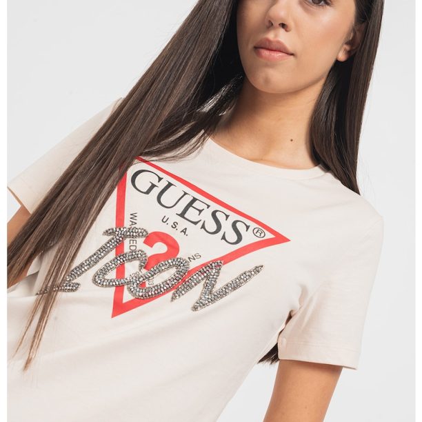 Тениска с лога и декоративни камъни GUESS JEANS