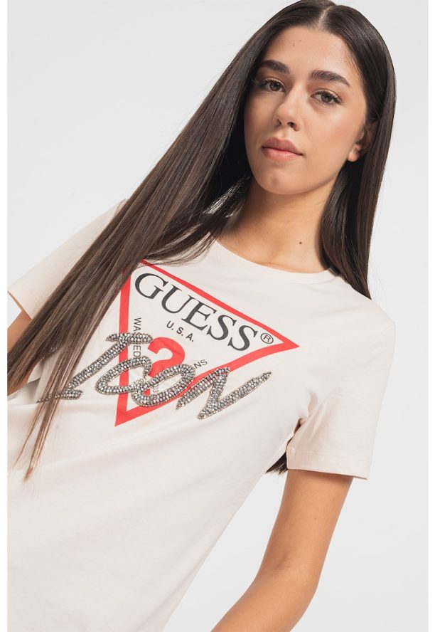 Тениска с лога и декоративни камъни GUESS JEANS