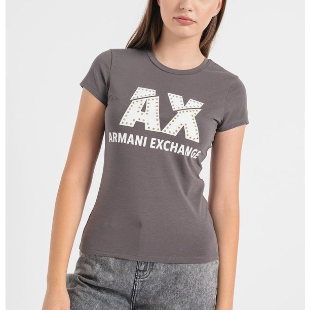 Тениска с лого и декоративни камъни ARMANI EXCHANGE