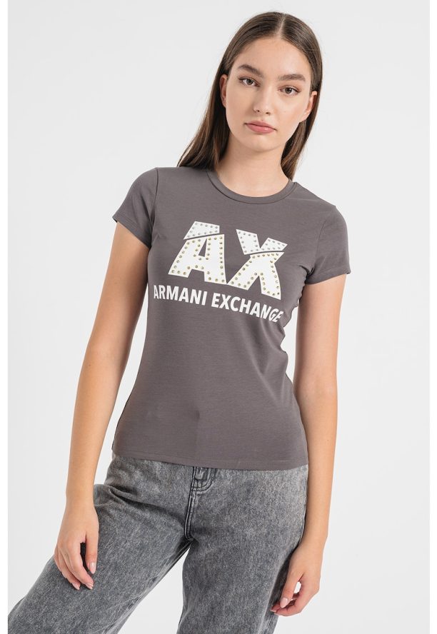 Тениска с лого и декоративни камъни ARMANI EXCHANGE