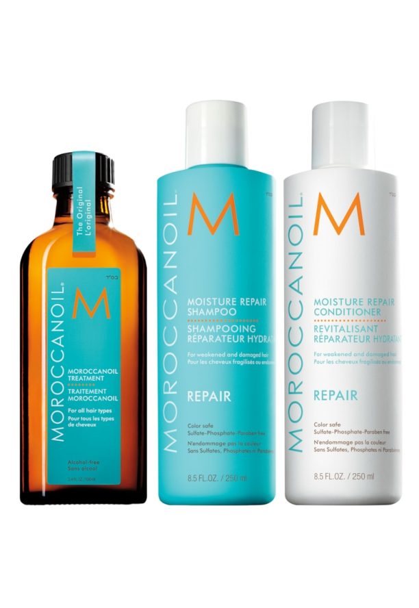 Комплект  Repair за увредена коса: Moroccanoil Repair шампоан и балсам - 250 мл + Moroccanoil Treatment Oil за всички типове коса - 100 мл Moroccanoil