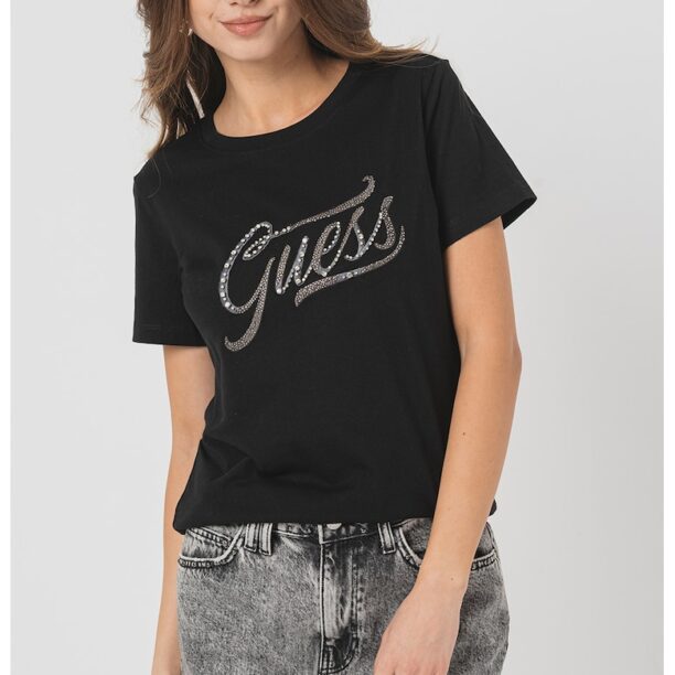 Тениска с бродирано лого и декоративни камъни GUESS JEANS