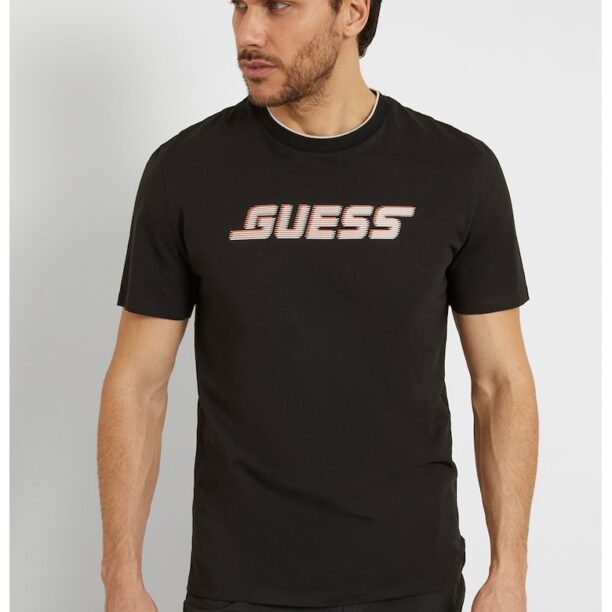 Памучна тениска с овално деколте и лого GUESS