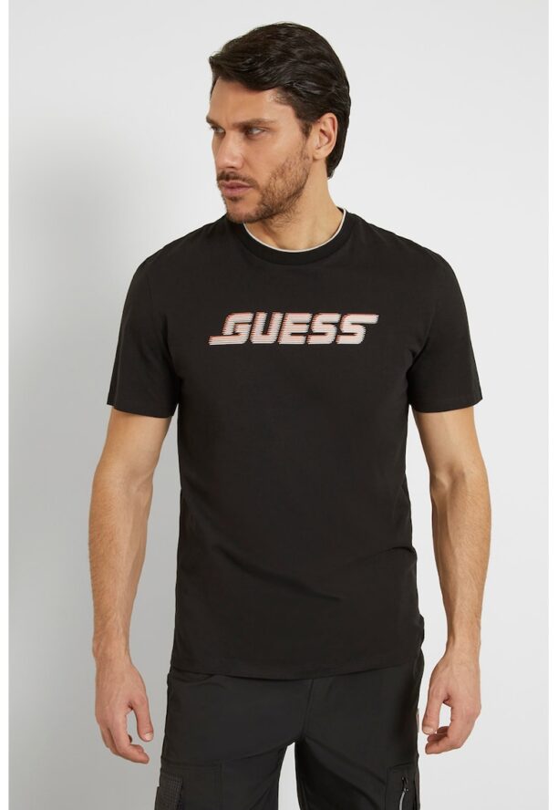 Памучна тениска с овално деколте и лого GUESS