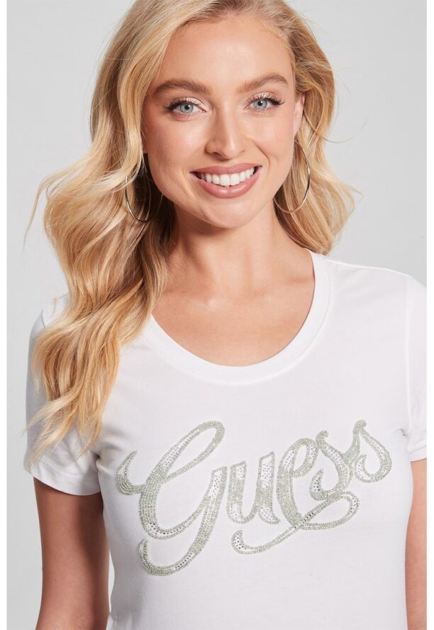 Тениска с лого от мъниста GUESS