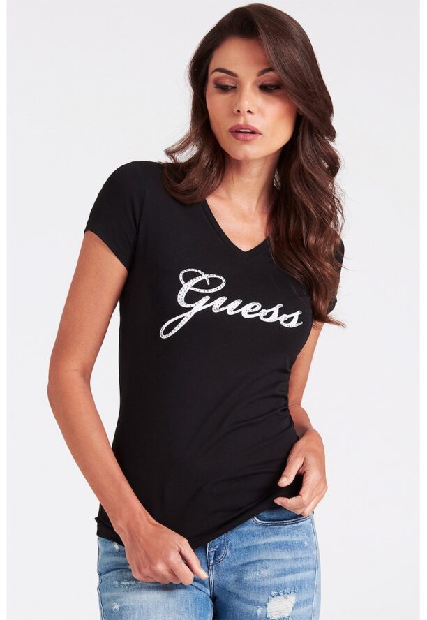 Тениска с шпиц и лого GUESS