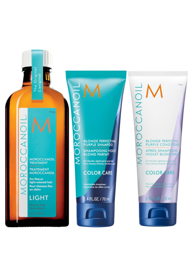 Комплект за руса коса  Blonde Perfecting Purple: Moroccanoil Blonde шампоан - 250 ml + Олио Moroccanoil Treatment - За всеки тип коса - 100 ml Moroccanoil