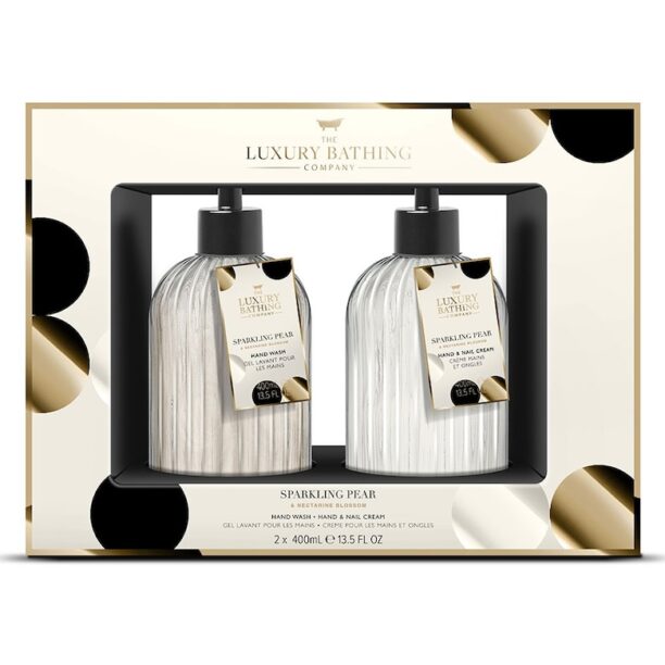 Подаръчен комплект  Elegance - Sparkling Pear & Nectarine Blossom - Течен сапун за ръце 400 мл - Крем за ръце и нокти 400 мл в стъклени бутилки The Luxury Bathing Company