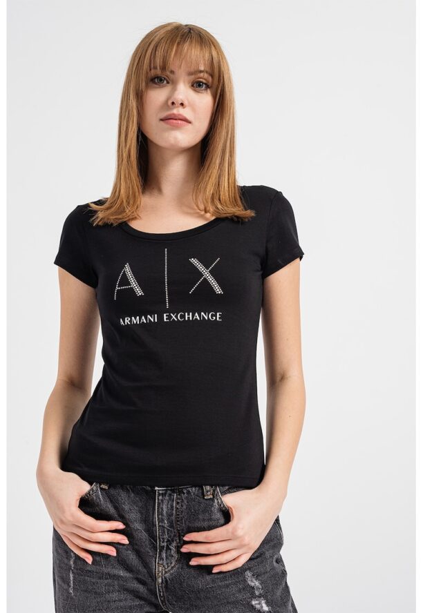 Тениска с лого с декоративни камъни ARMANI EXCHANGE