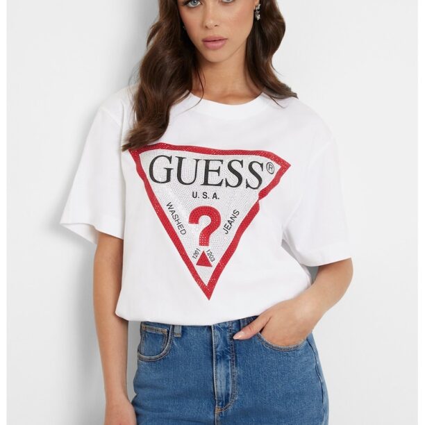 Тениска с лого и декоративни камъни GUESS