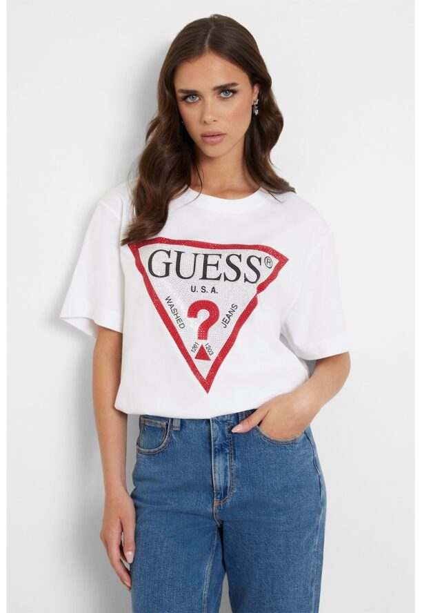 Тениска с лого и декоративни камъни GUESS