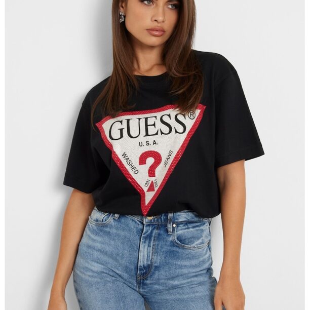 Тениска с лого и декоративни камъни GUESS