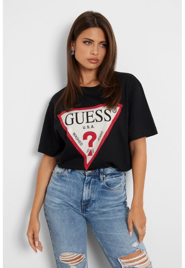 Тениска с лого и декоративни камъни GUESS