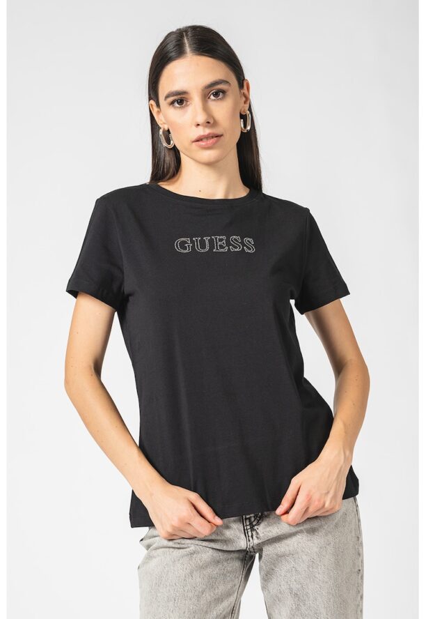 Фитнес тениска с декоративни камъни и лого GUESS