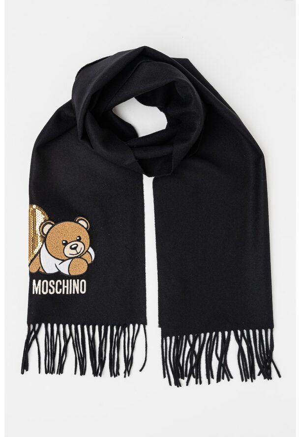 Вълнен шал с ресни и лого Moschino