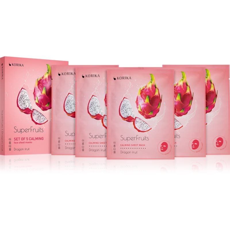 KORIKA SuperFruits Dragon Fruit - Set of 5 Calming Face Sheet Masks комплект маски за лице на намалена цена с успокояващ ефект Dragon fruit на ниска цена