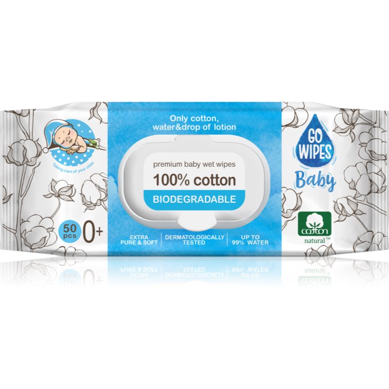 GoWipes Baby 100% Cotton Biodegradable нежни мокри кърпички за бебета за чувствителна кожа 0+ 50 бр.